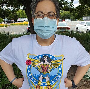 Breast cancer fighter Anita shows off one of her many superhero shirts. Here you can see Wonder Woman.