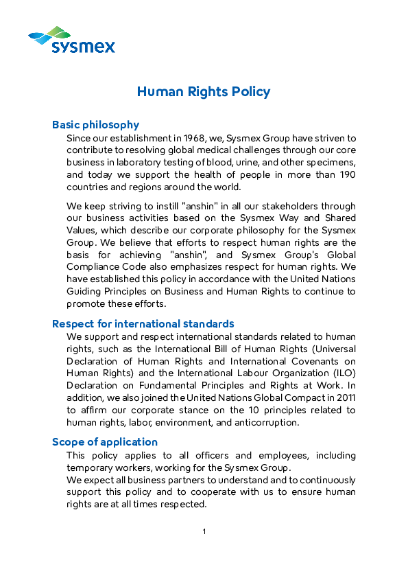 Sysmex Human Rights Policy