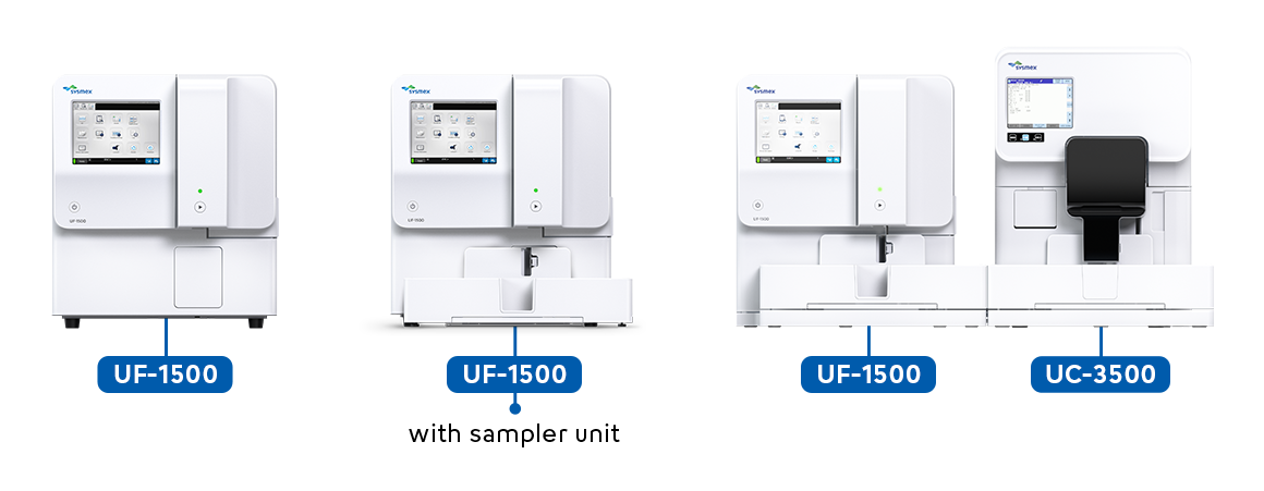 An image illustrating the three main different ways you can customise the UF-1500. Features three main images. An image of the Uf-1500, the UF-1500 + sampler unit, and the UF-1500 + UC-3500. 