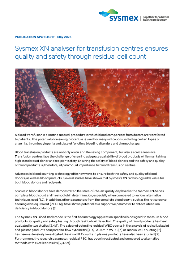Sysmex XN analyser for transfusion centres ensures quality and safety through residual cell count