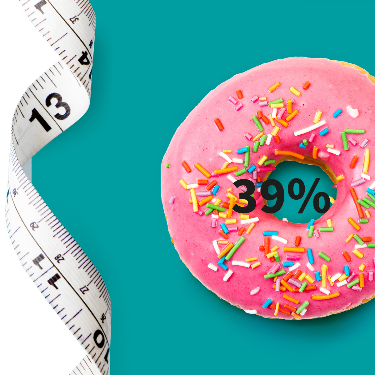 • A measuring tape and a doughnut with pink icing and colourful sugar sprinkle as a metaphor for obesity