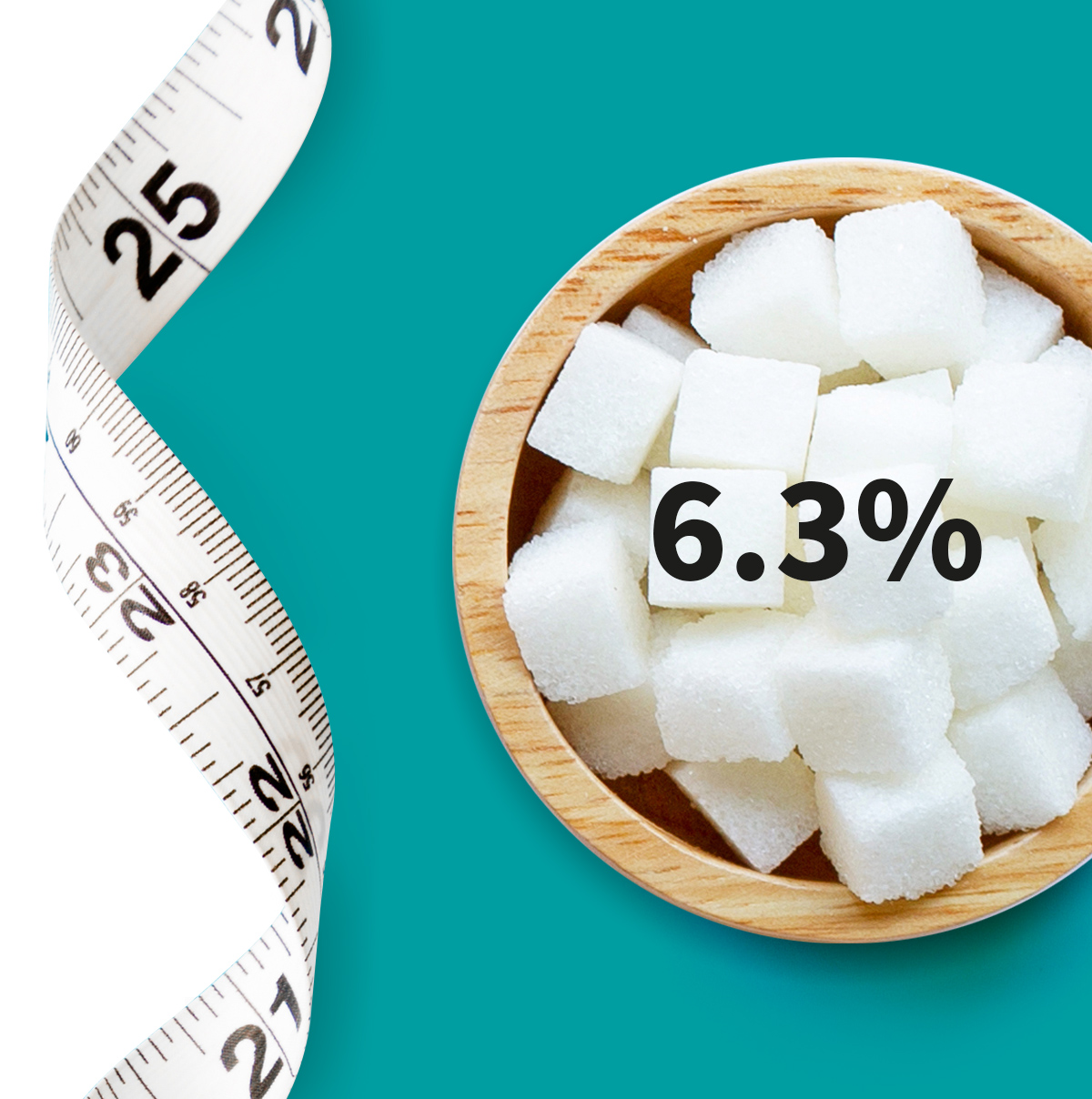 A measuring tape and a bowl full of sugar cubes shown as a metaphor for diabetes